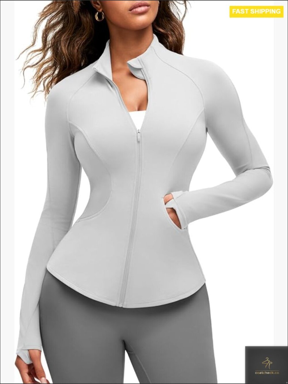 Full Zip Workout Jacket Slim Fit Yoga Top with Thumb Holes Mock Neck